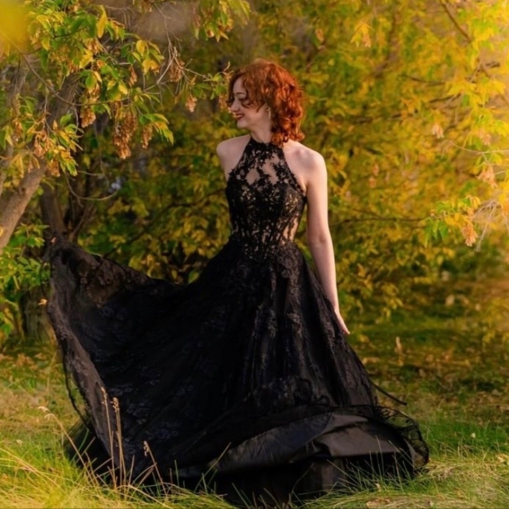 Black Lace halter neck, corset back graduation dress